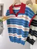 Blusa de Tricô Manga Curta com Gola Polo Listrada e Mangas Bufantes Pequenas Estilo Coreano para Mulheres, Camiseta Básica Casual de Verão com Temperamento
