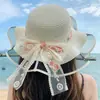 Chapéu de Sol de Palha com Renda Floral e Fita Moda Nova Primavera e Verão Viagem Feriado Praia Proteção Solar Borda Ondulada