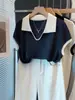Blusa de Tricô com Manga Flare Estilo Coreano para Mulheres 2026 Verão Nova Solta Versátil Moda Camiseta Fina com Gola Polo