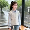 Moda Infantil Grande Senso de Design Moletom com Capuz Falso Duas Peças Gola Polo Estação Primavera e Outono Meninas Doce Renda Patchwork Manga Longa