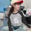 Estilo Coreano Mistura de Lã Raglan Manga Longa Casual Camada Base Top Outono Inverno Meninas Fashionável Doce Estiloso Desenho Animado Gola Redonda Camiseta