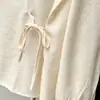 Blusa de otoño para mujer talla grande, nuevo diseño, elegante, con encaje, cuello en V, cinturón para atar, manga larga, talla grande, camiseta básica 0758