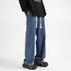 Calça jeans masculina preto-cinza primavera e outono estilo retro americano high street perna larga estilo outono e inverno calça de cintura elástica reta solta