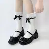 Meias de renda Lolita com cano alto para primavera e outono com fita de laço meias de cano alto estilo ballet branco meias de cano médio jk