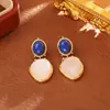 Pendientes de botón Lapis Lázuli Turquesa Estilo Retro Francés Moda Simple Atmósfera de Alta Gama Pendiente Estilo Europeo y Americano Pendiente de Bloque de Color Colgante