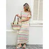 Vestido Largo de Manga Corta a Rayas para Mujer Verano Holgado Estilo Resort Vestido Transfronterizo Europeo Americano Casual de Playa