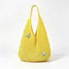 Bolsa de Malha Crochê com Flores Vazadas Estilo Coreano Grande Capacidade Estilo Preguiçoso Bolsa Tecida Estilo Férias de Verão Bolsa de Praia