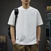 Camiseta de Manga Corta de Algodón Puro para Hombre Verano Fina 2025 Nueva Color Sólido Simple Holgada Talla Grande Camiseta de Media Manga con Cuello Henley