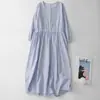 Vestido Evase de Algodão e Linho Bordado de Manga Três Quartos Novo Primavera/Verão 2026 Vestido Elegante Feminino
