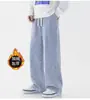 Jeans casuales para hombre de pierna ancha con cintura elástica y forro polar, estilo americano de alta calle, rectos, holgados, de color claro, para invierno, para adolescentes