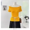Suéter de Punto Acanalado de Manga Corta Hombros Descubiertos Estilo Puro Deseo para Mujer, Nuevo Color Sólido Delgado Adelgazante para Verano 2026