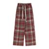 Pantalones casuales de lana gruesa de cuadros rojos para mujer, otoño e invierno, cintura alta, rectos, retro, holgados, de pierna ancha, tipo mopa