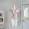 Camiseta de Tricô com Gola Redonda e Babados, Manga Bufante, Estilo Temperamento, Feminina, Verão, Emagrecedora, Hot Girl, Top Curto, Novo