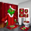 Juego de cortina de ducha impermeable con temática de Grinch, incluye cuatro piezas: cortina de ducha de poliéster, juego de baño impermeable y resistente al moho, y alfombrilla de baño
