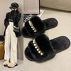 Comercio exterior nueva cadena de perlas zapatillas planas peludas grandes moda femenina chanclas hogar abiertas zapatillas de algodón transfronterizas