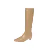 Botas de cano alto e perna fina estilo beleza coreana com salto kitten, inverno 2026, salto médio grosso, bico fino, cano fino elástico, botas longas