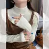 Camiseta básica blanca para mujer, nuevo estilo otoño e invierno 2024, cuello semialto, tejido de punto con volantes, cuello medio, suéter de alta gama