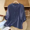 2025 Retro Verão Novo Cor Sólida Algodão Linho Bordado Étnico Gola Alta Meia Manga Camisa para Mulheres, Estilo Solto e Afinando Fino