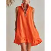 Primavera y Verano 2026 Transfronterizo Amazon Nuevo Producto Europeo y Americano Color Sólido Vacaciones Sin Mangas Algodón y Lino Verano Cuello en V Dobladillo Vestido