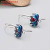 Pendientes de Plata de Ley S925 con Gota de Pegamento Gota de Aceite Flor de Loto Gancho para la Oreja Colgante de Borla Antigua Retro Pendientes Pendientes