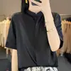 Cetim de Seda 2026 Primavera/Verão Novo Feminino Cetim Gola Alta Botão Escondido Manga Curta Camisa Top Liso Curto