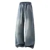 Calça Jeans Masculina Shanggu com Cordão, Perna Larga, Estilo Workwear Retrô, Perna Reta, Jeans Tendência de Caimento Solto