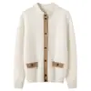 Cárdigan de cachemira bicolor, nueva camisa base para mujer otoño/invierno 2026 de cuello semi-alto con doble línea en el medio, abrigo de corte holgado