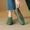 2025 Primavera Novo Estilo Academia Kelly Verde Cabeça Redonda Salto Baixo Mocassins Confortáveis Cashmere Anti-Veludo Metal Camélia Sapatos Femininos