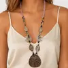 Colar boho vintage longo com estampa de leopardo de cristal estilo étnico com contas para mulheres, corrente de suéter redonda em camadas de resina
