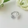 Anillo Nuevo de Plata de Ley S925 para Mujer con Perlas de Cuentas Flor de Hielo 7*7 Corte Zirconia Anillo Abierto Ajustable