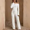 Conjunto de Tricô Estilo Europeu 2026 para Mulheres Top de Manga Longa Off-the-shoulder com Cordão Calça Longa de Cintura Alta Conjunto Casual de Duas Peças