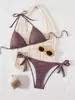 Nuevo Bikini de Halter para Mujer Estampado de Olas Retro Traje de Baño de Dos Piezas con Lazo Traje de Baño para Vacaciones en la Playa