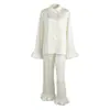 Conjunto de Pijama de Manga Larga y Pantalón Largo con Volantes Transfronterizo Pijama Cardigan Nuevo Otoño 2025 Europeo y Americano Ropa de Casa de Comercio Exterior