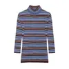 Atacado de Roupas Femininas Transfronteiriças 2026 Primavera Novo Estilo Blusa de Gola Alta Color-Blocked Malha Listrada Ajustada 9598005