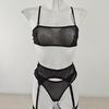 Comércio exterior fornecimento transfronteiriço europeu e americano novo sexy translúcido cor sólida malha três peças bikini sexy conjunto de lingerie sexy