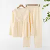 Pijama Japonés con Ribete de Encaje, Gasa de Algodón Puro, Ropa de Casa para Mujer, Conjunto de Ropa de Casa tipo Cárdigan de Cuello Redondo para Primavera y Otoño