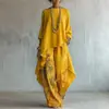 Conjunto de Top Asimétrico Plisado y Pantalón de Pierna Ancha Nuevo para Mujer 2026 Transfronterizo Europeo y Americano, Conjunto de Dos Piezas de Moda de Algodón y Lino para Mujer