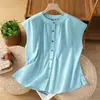 En Stock Verano 2025 Camisa de Punto Puro Artístico para Mujer, Elegante Camisa Patchwork con Cuello Alto, Top sin Mangas de Botones