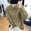 Camisa de Manga Larga de Algodón y Lino con Cuello Alto para Mujer, Estilo Coreano Literario Retro, Diseño para el Trabajo, Holgada, Primavera y Verano 2025
