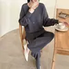 Conjunto de dos piezas LEKA de punto suelto casual estilo francés con cuello redondo y pantalones de pierna ancha para mujer, atuendo relajado de invierno
