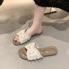 Pantuflas de perlas estilo francés para mujer, ropa de verano 2025, nuevas pantuflas de playa planas de moda estilo Fairy Chanel