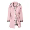 Nuevo Abrigo Largo con Capucha Rojo para Mujer 2025 Cintura con Cordón Forro a Cuadros Impermeable Cortavientos