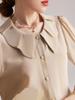 Camisa de Seda para Mujer Primavera/Verano 2026 Para Viajar Color Sólido Crepé de China Manga Larga Cuello con Volantes Estilo Francés Blusa 100% Seda de Morera