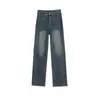 Jeans Rectos Gris Cemento para Mujer, Otoño e Invierno, Favorecedores de la Figura, Diseño Vintage, Estilo Americano, Tiro Alto, Bolsillos, Pantalones de Pierna Ancha Estrecha