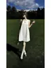 Vestido camisola sin mangas de longitud media, suave y casual para mujer, estilo vacacional de verano, top babydoll de lino sin hombros