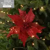 Decorações de flores de Natal em dourado e vermelho com lantejoulas e glitter, flores de Natal artificiais feitas à mão em formato de fênix, acessórios para árvore de Natal