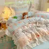 Juego de cuatro piezas estilo coreano de algodón 100% INS, estilo princesa con encaje, funda de edredón y sábana 100% algodón puro, juego de tres piezas para estudiantes