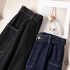 Calça jeans casual chique japonesa de algodão com linha decorativa brilhante, bolso lateral grande, corte solto que afina, cintura semi-elástica escura, perna reta