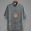 Traje Tang Masculino Verão Seda de Gelo Manga Curta Estilo Chinês Bordado Retro Casual Solto Pai Vovô