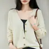 Suéter de algodón puro, nuevo cárdigan de punto con cuello en V para otoño e invierno, abrigo para mujer, prenda exterior holgada, capa base engrosada, mangas largas